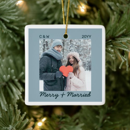 Minimalist Modern Merry Married Newly Weds Photo  Ceramic Ornament