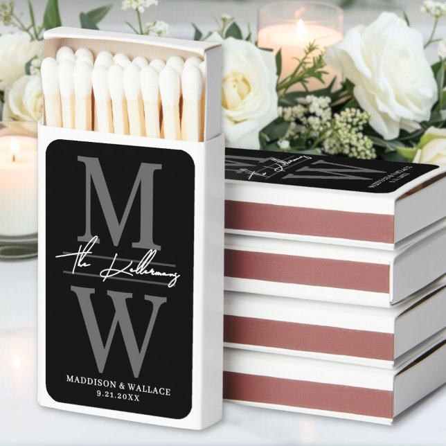 Minimalist Modern Monogram Black And White Wedding Matchboxes (Modern Black Monogram Wedding Matchboxes)