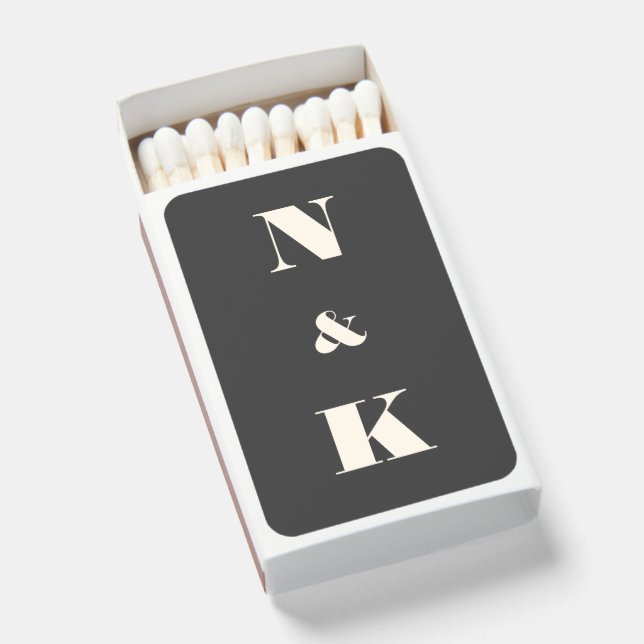 Minimalist Modern Monogram Black and White Wedding Matchboxes (Front Open)