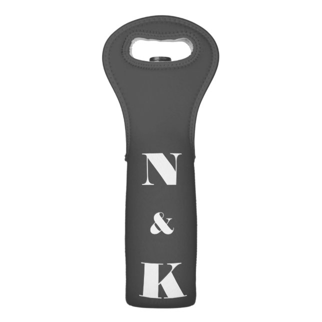 Minimalist Modern Monogram Black and White Wedding Wine Bag (Front)
