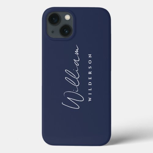 Minimalist Modern Monogram Custom Script Navy Blue iPhone 13 Case