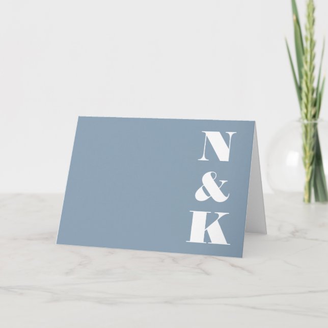 Minimalist Modern Monogram Dusty Blue Wedding Letterpress Thank You Card (Front)