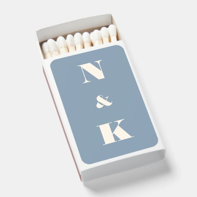 Minimalist Modern Monogram Dusty Blue Wedding Matchboxes (Front Open)