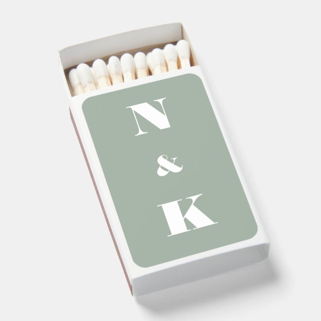 Minimalist Modern Monogram Dusty Sage Wedding Matchboxes (Front Open)