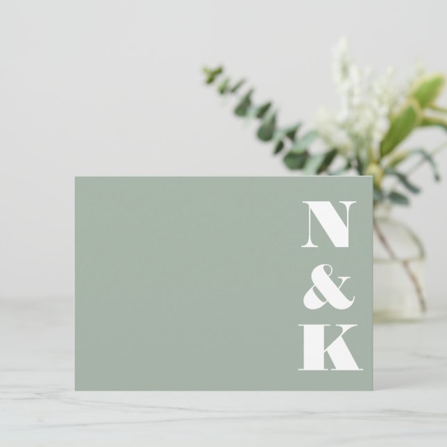 Minimalist Modern Monogram Dusty Sage Wedding Note Card (Standing Front)