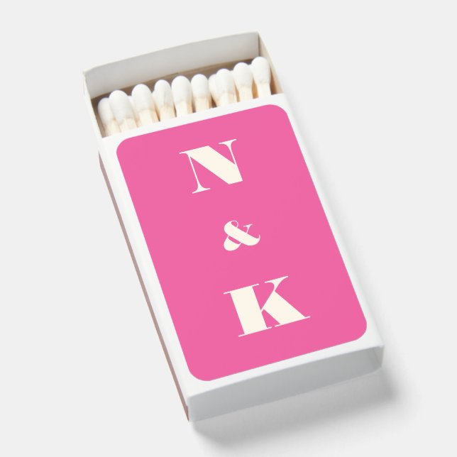 Minimalist Modern Monogram Hot Pink Wedding Matchboxes (Front Open)
