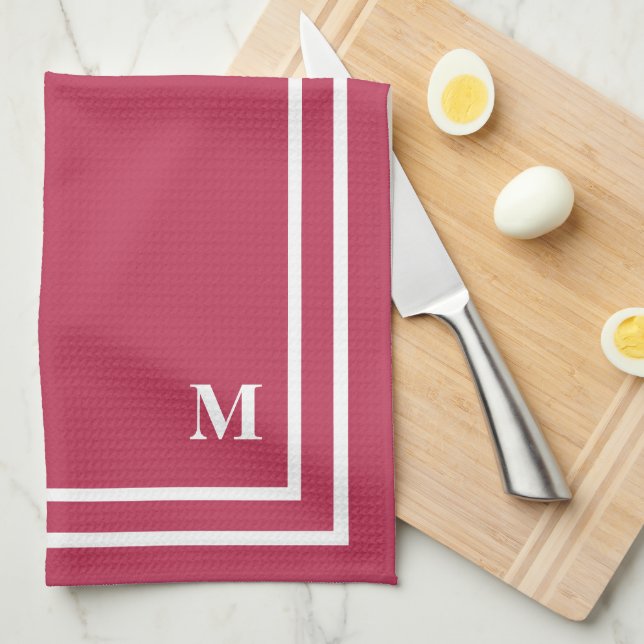 Minimalist Modern Monogram Magenta Red Kitchen Towel (Quarter Fold)
