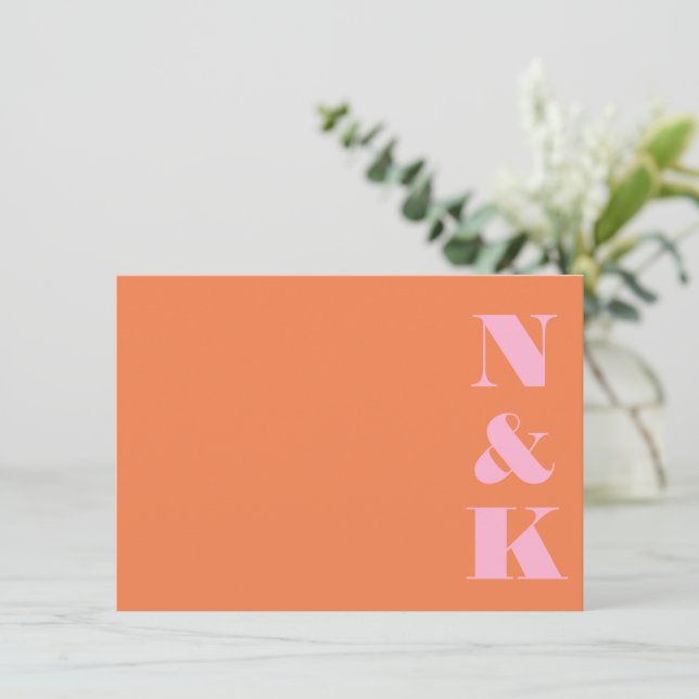 Minimalist Modern Monogram Pink and Orange Wedding Note Card (Standing Front)