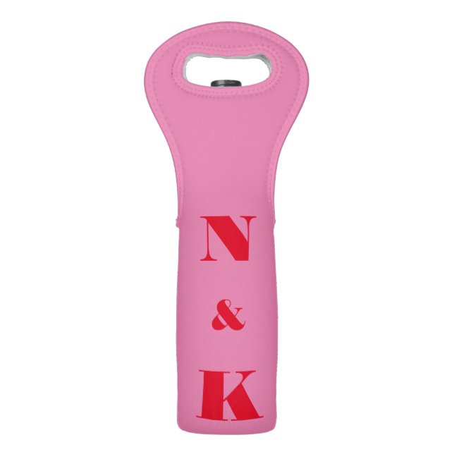 Minimalist Modern Monogram Pink and Red Wedding Wine Bag (Front)