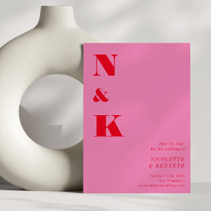 Minimalist Modern Monogram Pink Red Bold Wedding  Save The Date