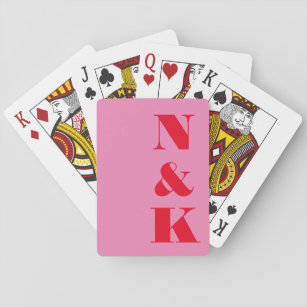 Minimalist Modern Monogram Pink Red Custom Wedding Playing Cards