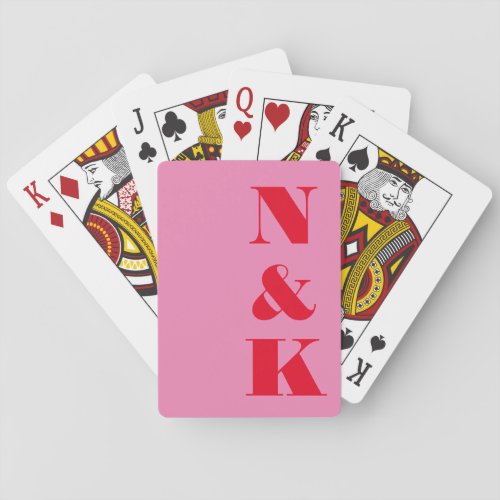 Minimalist Modern Monogram Pink Red Custom Wedding Playing Cards