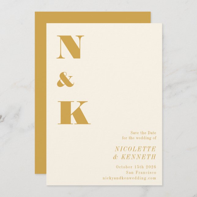 Minimalist Modern Monogram Yellow Bold Wedding Save The Date (Front/Back)