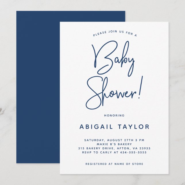 Minimalist Modern Navy Blue Baby Shower Invitation (Front/Back)