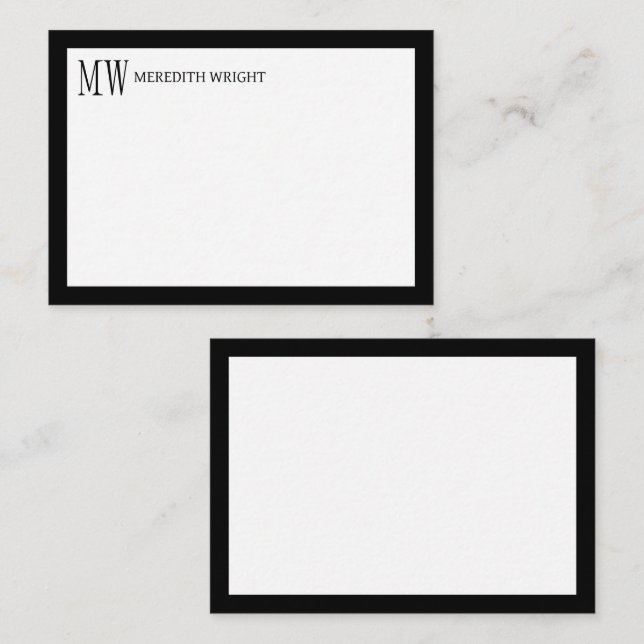Minimalist Modern Navy Blue Border Monogram Note Card (Front/Back)