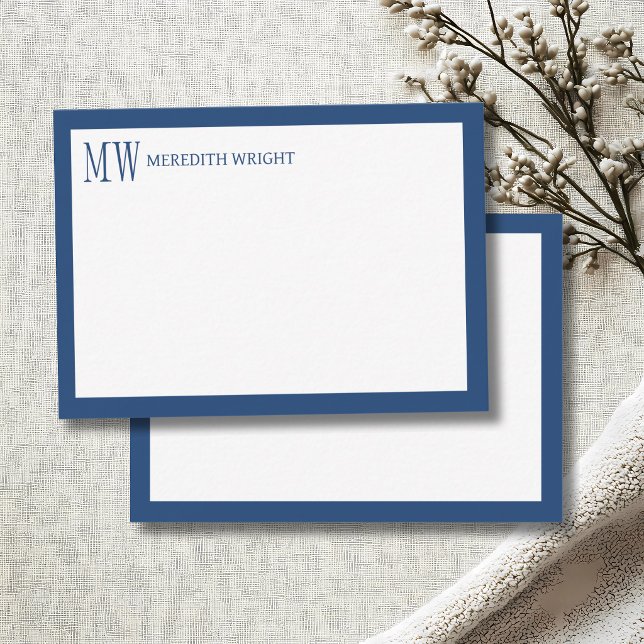 Minimalist Modern Navy Blue Border Monogram Note Card (Creator Uploaded)