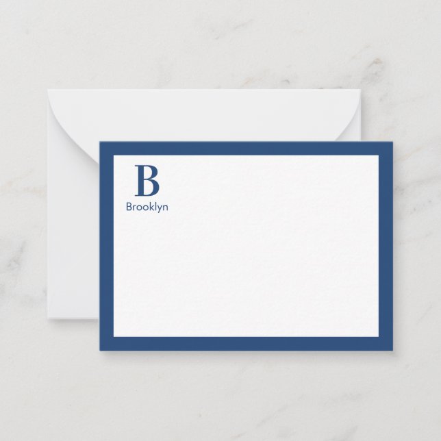 Minimalist Modern Navy Blue Border Monogram Note Card (Front)