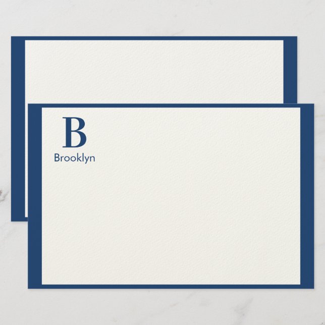 Minimalist Modern Navy Blue Border Monogram Stationery (Front/Back)