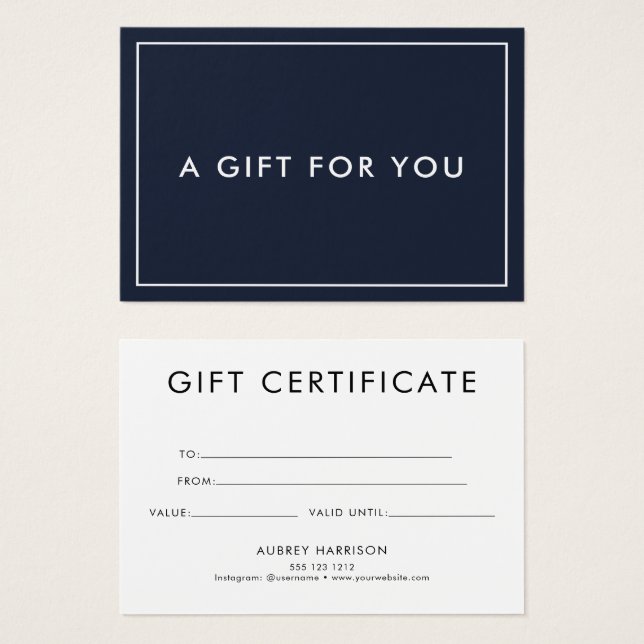 Minimalist Modern Navy Blue Gift Certificate (Front & Back)