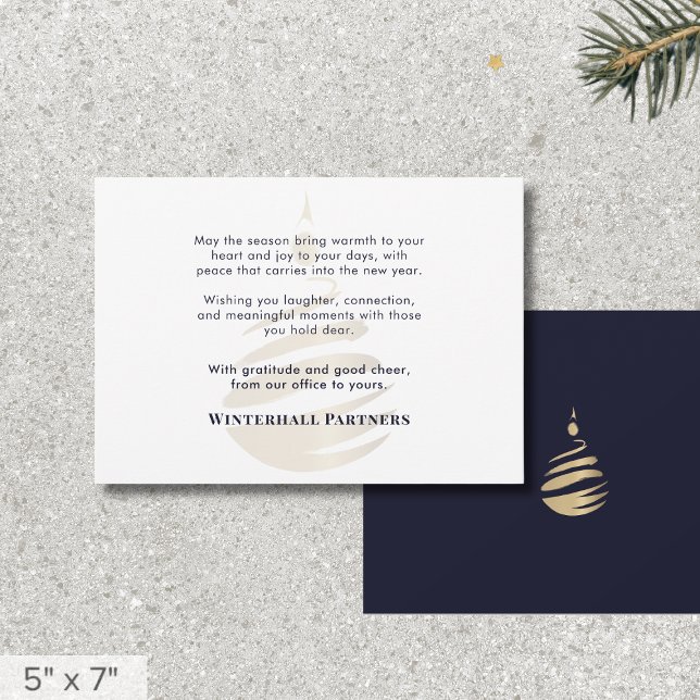 Minimalist Modern Navy Blue Gold Ornament Business Holiday Card (Creator Uploaded)
