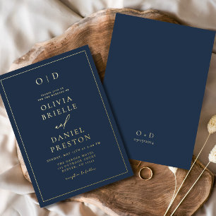 Minimalist Modern Navy Blue Gold Wedding Foil Invitation