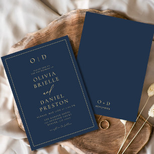 Minimalist Modern Navy Blue Gold Wedding Invitation