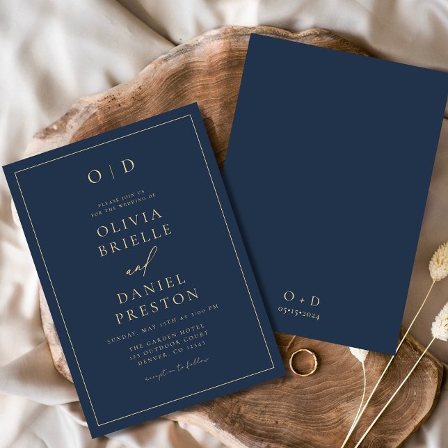 Minimalist Modern Navy Blue Gold Wedding Invitation (Creator Uploaded)