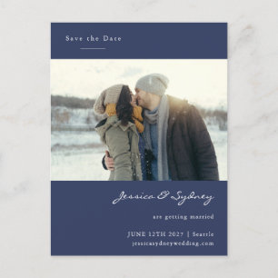 Minimalist Modern Navy Blue Photo Save The Date Postcard