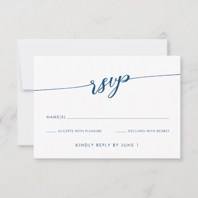 Minimalist Modern Navy Blue Script RSVP Card (Front)