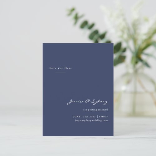 Minimalist Modern Navy Blue Script Save The Date Postcard