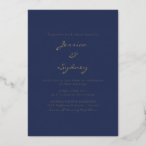 Minimalist Modern Navy Blue Script Wedding Gold  Foil Invitation