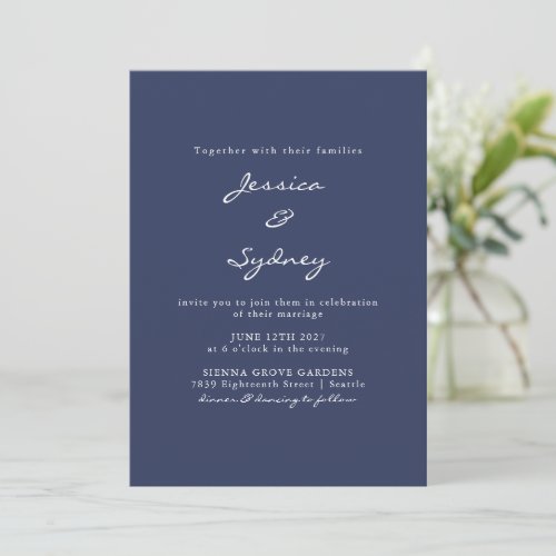 Minimalist Modern Navy Blue Script Wedding Invitation