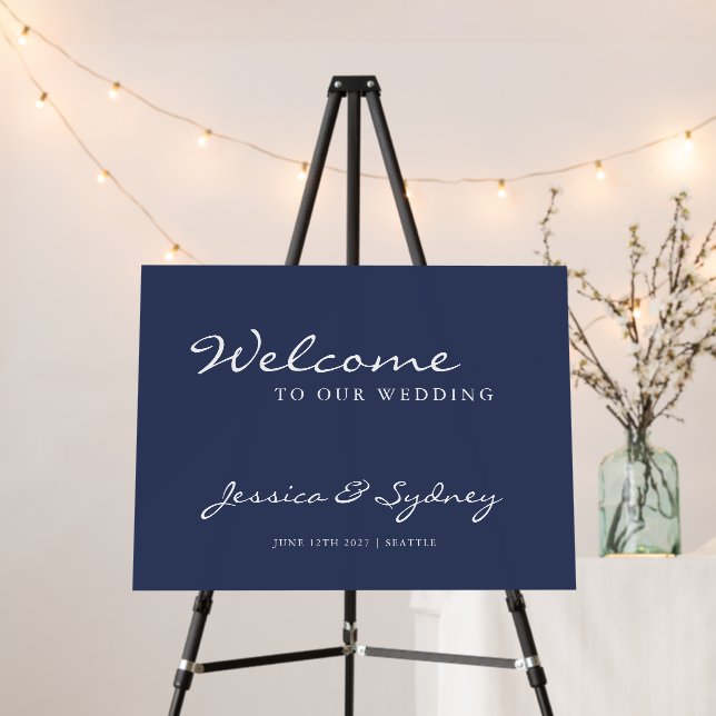 Minimalist Modern Navy Blue Wedding Welcome Sign (In Situ (Stand))