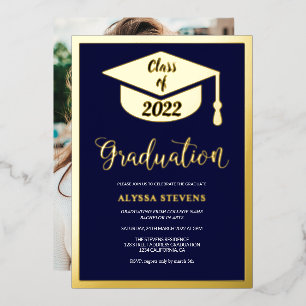 Minimalist modern navy gold graduation photo foil invitation