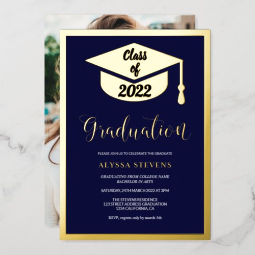 Minimalist modern navy gold graduation photo foil invitation