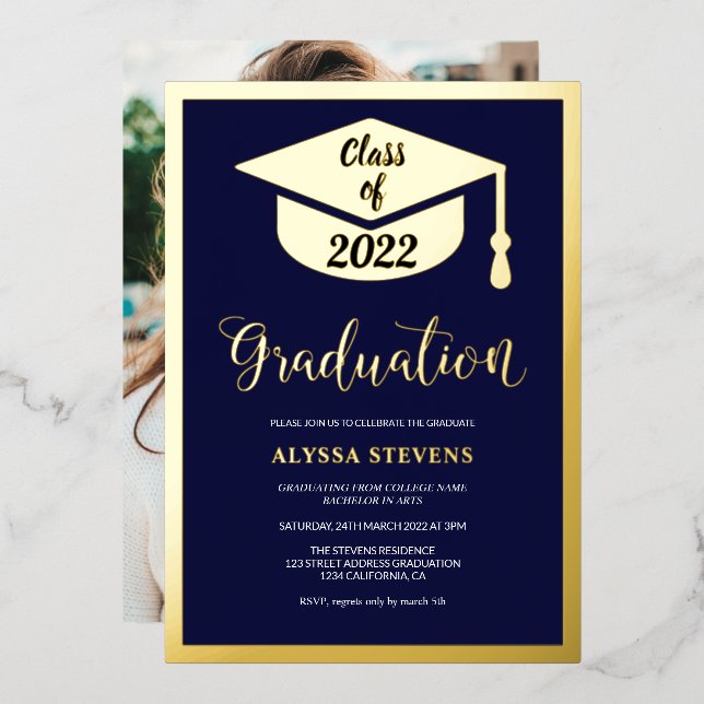 Minimalist modern navy gold graduation photo foil invitation (Front/Back)
