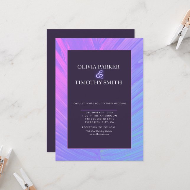 Minimalist Modern Neon Tropical Palm Wedding Invitation (Front/Back In Situ)