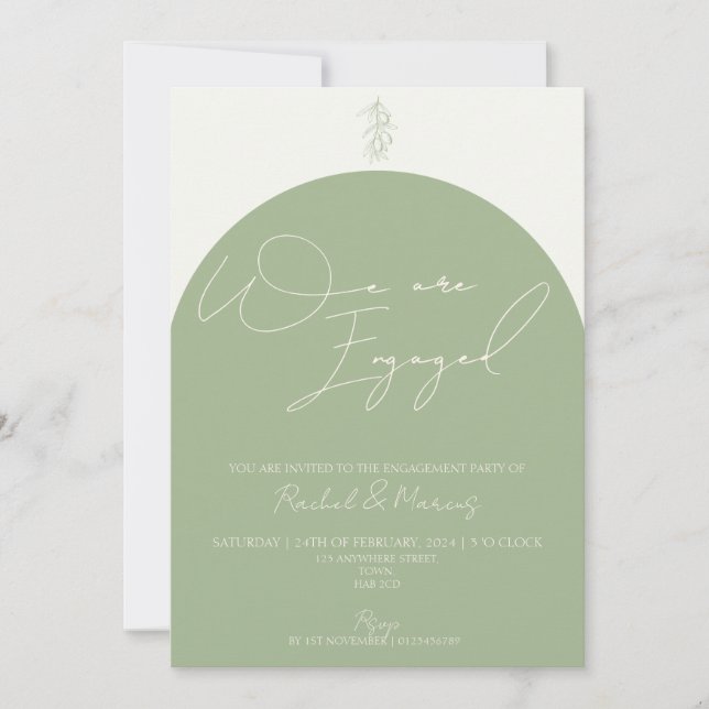 Minimalist Modern Olive Arch Engagement Party Invitation (Front)