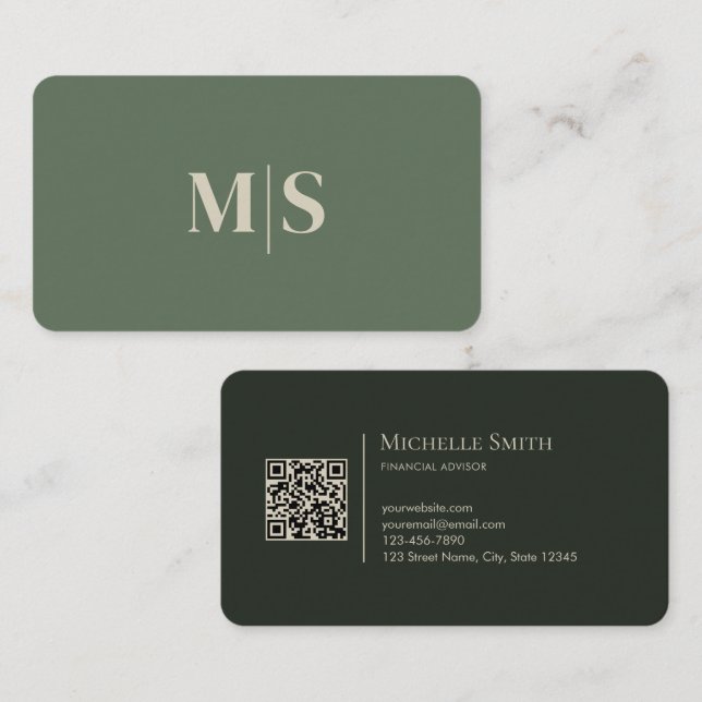 Minimalist Modern Olive Green Initials QR Code Business Card (Front/Back)