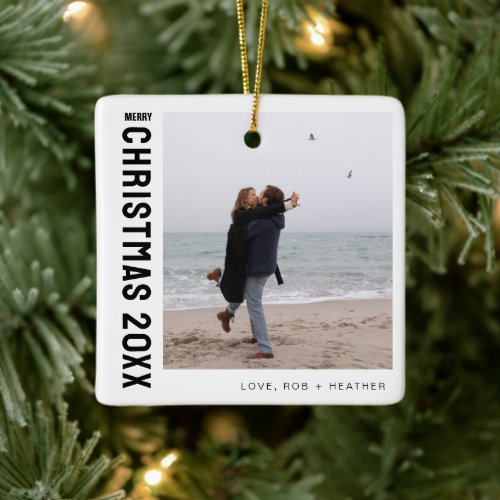 Minimalist Modern One Photo Personalized Christmas Ceramic Ornament