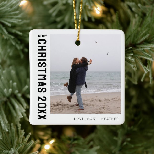 Minimalist Modern One Photo Personalized Christmas Ceramic Ornament (Tree)
