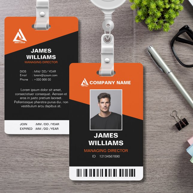 Minimalist Modern Orange & Black with Barcode ID Badge (Creator Uploaded)