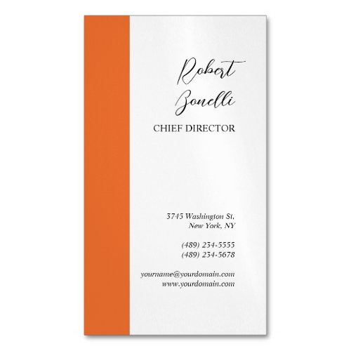 Minimalist Modern Orange White Color Personalized Business Card Magnet