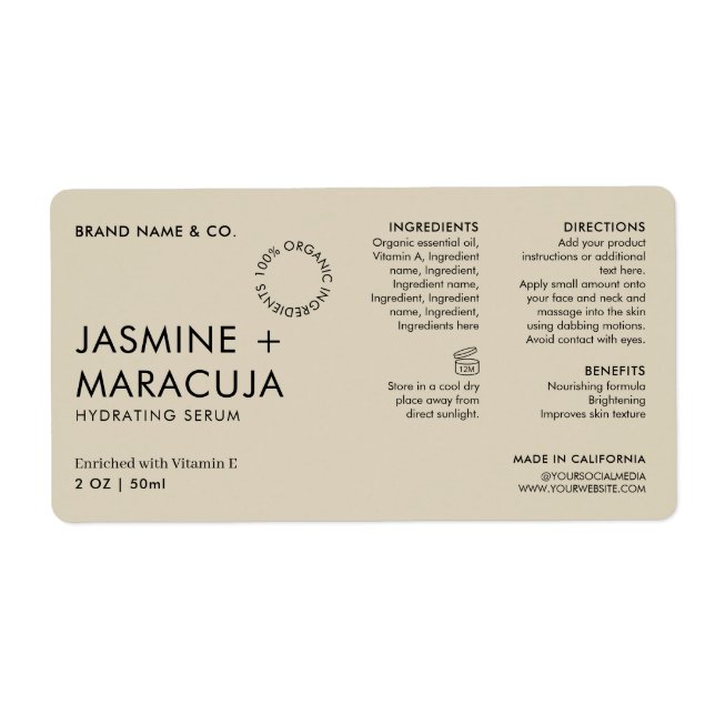 Minimalist Modern Organic Cosmetic Dropper Bottle Label (Front)