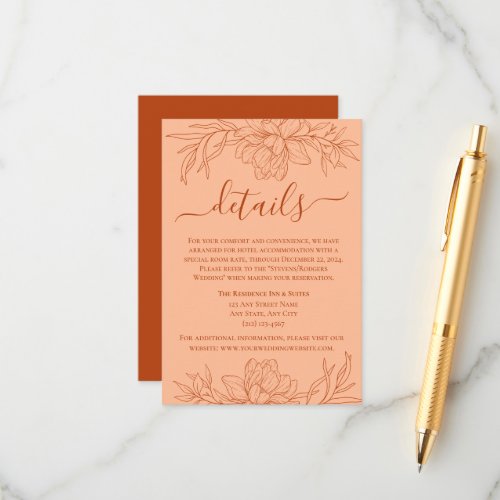 Minimalist Modern Peach Fuzz Rust Floral Wedding  Enclosure Card