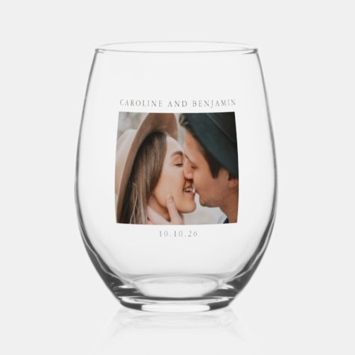Minimalist Modern Photo Custom Wedding Name Date Stemless Wine Glass