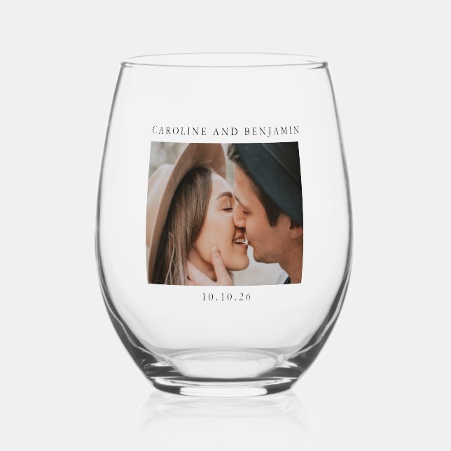Minimalist Modern Photo Custom Wedding Name Date Stemless Wine Glass (Front)
