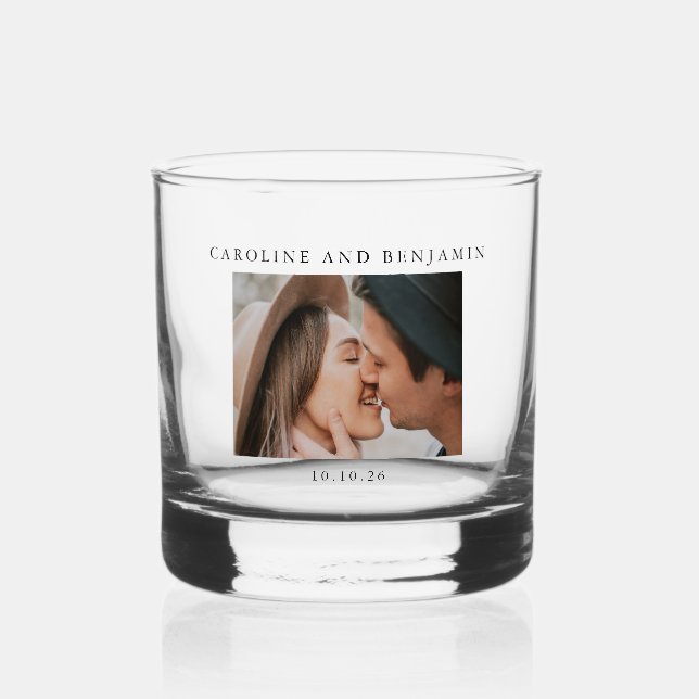 Minimalist Modern Photo Custom Wedding Name Date Whiskey Glass (Front)
