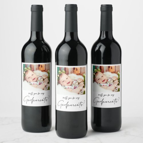 Minimalist Modern Photo Godparents Proposal  Wine Label