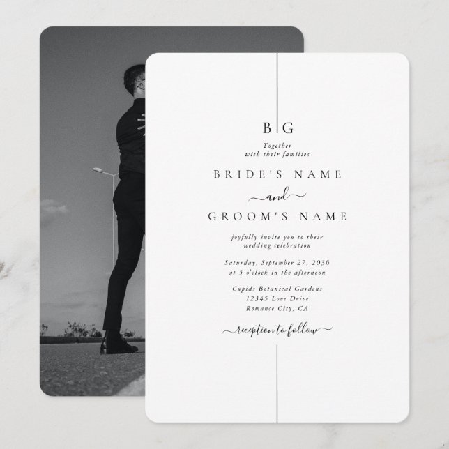 Minimalist Modern Photo Inline Monogram Wedding Invitation (Front/Back)